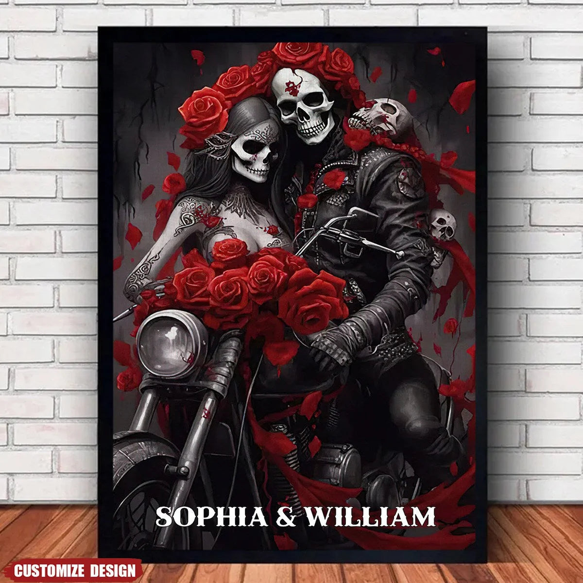 Personalized Skull Couple Motorcycle Canvas / Poster - Custom Biker Wall Art Anniversary Gift for Couples