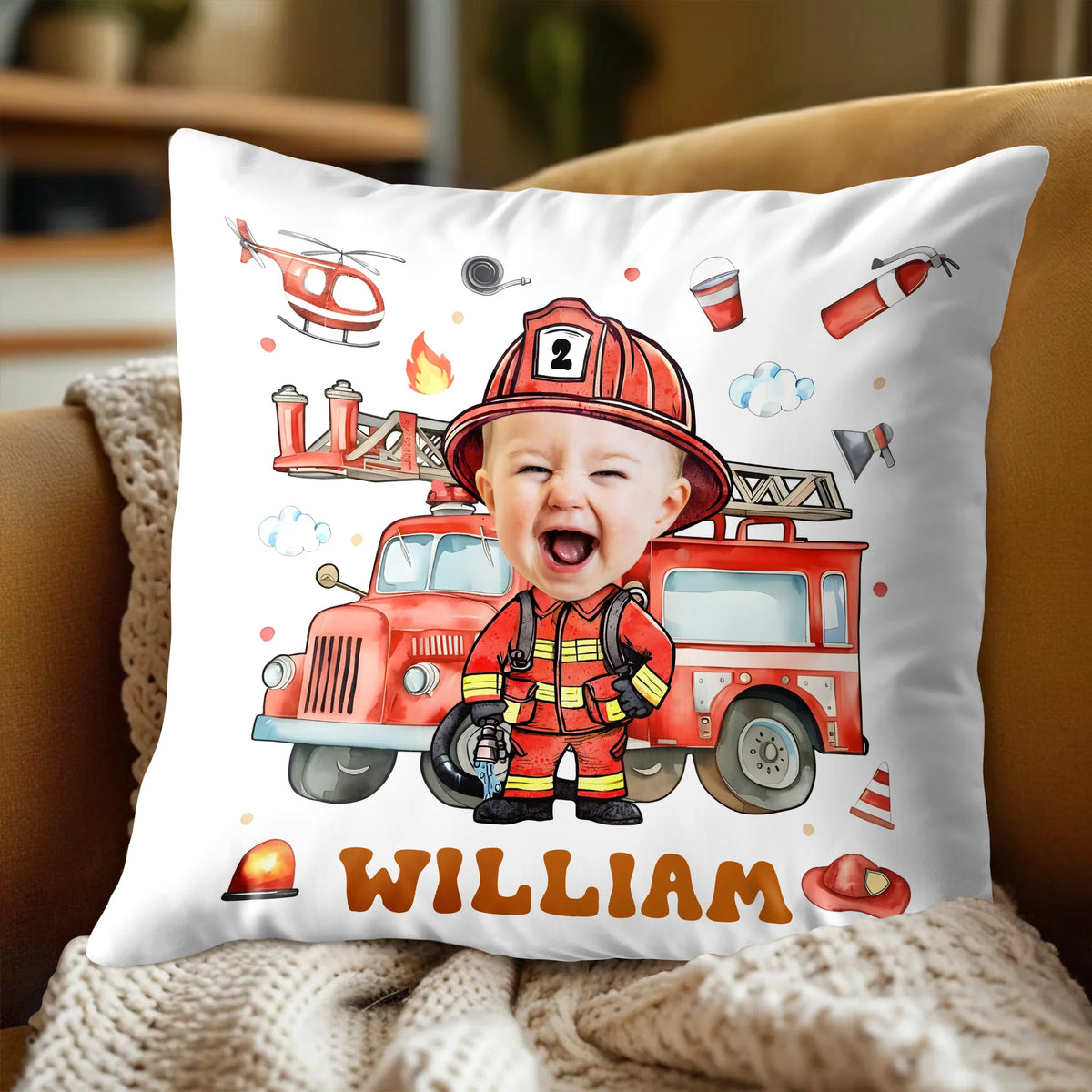 Personalized Firefighter Photo Pillow - Custom Little Heroes Name Throw Pillow Gift for Boys Kids Bedroom Decor