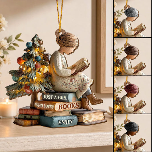 Personalized book lover ornament featuring a girl reading books by a Christmas tree for bookworms