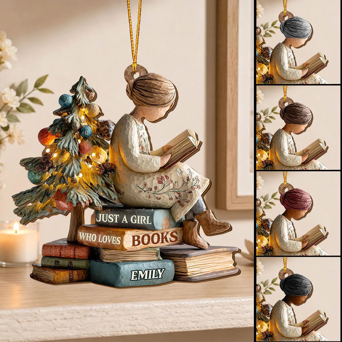 Personalized book lover ornament featuring a girl reading books by a Christmas tree for bookworms