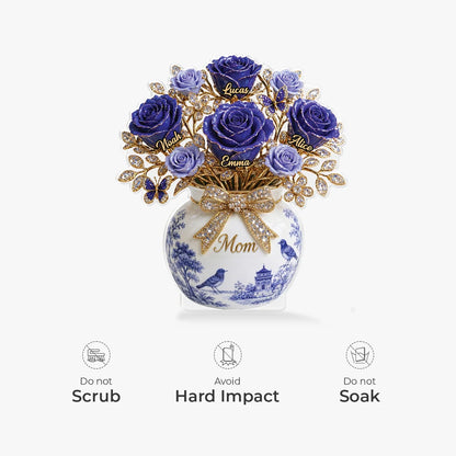 Blue Toile Floral Vase Personalized Acrylic Plaque - Custom Gift for Mom & Grandma