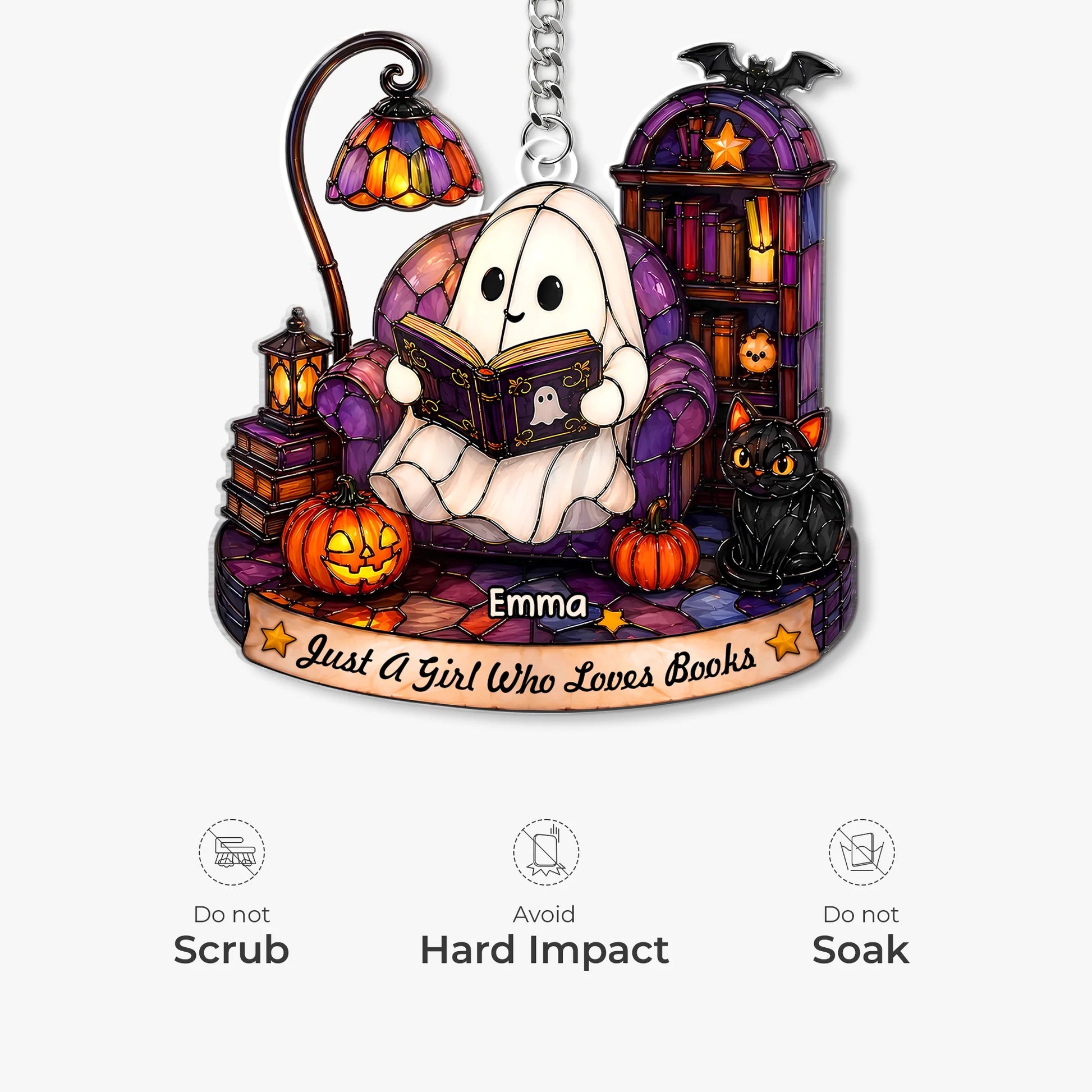 Just A Girl Who Loves Books Personalized Halloween Ghost Acrylic Keychain - Custom Book Lover Gift