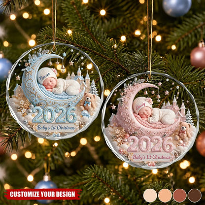Baby's 1st Christmas Personalized Glass Ornament - Custom Sleeping Moon Holiday Keepsake Gift for Newborns