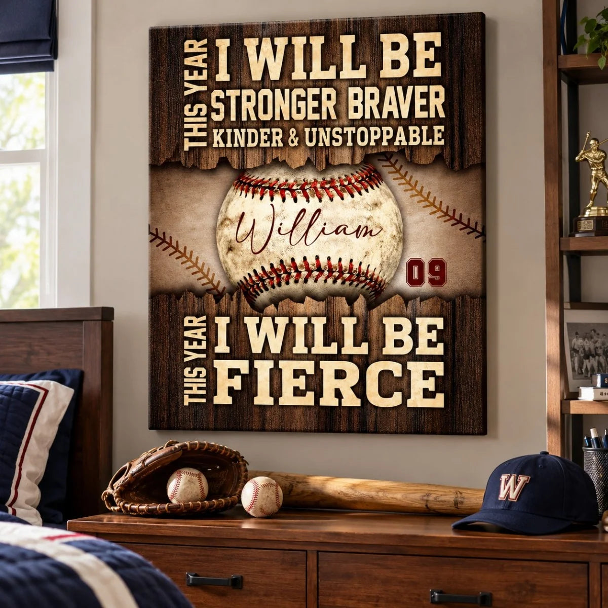 "Stronger Braver Kinder & Unstoppable" Personalized Baseball Canvas / Poster - Custom Wall Art Gift for Son & Grandson