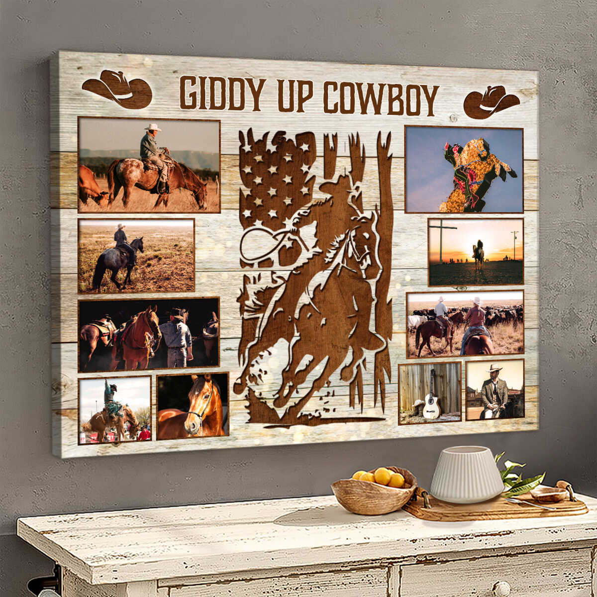 Custom cowboy photo collage canvas print with rustic wood background and American flag silhouette for horse lovers
