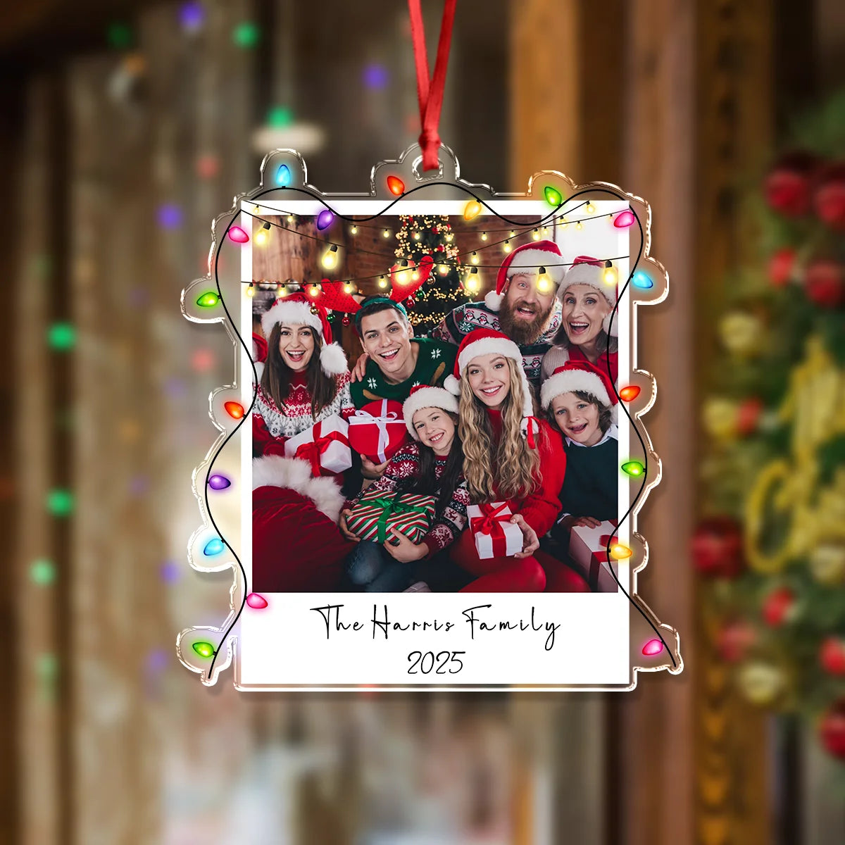 Custom Family Photo Christmas Light Acrylic Ornament - Personalized Holiday Keepsake Gift