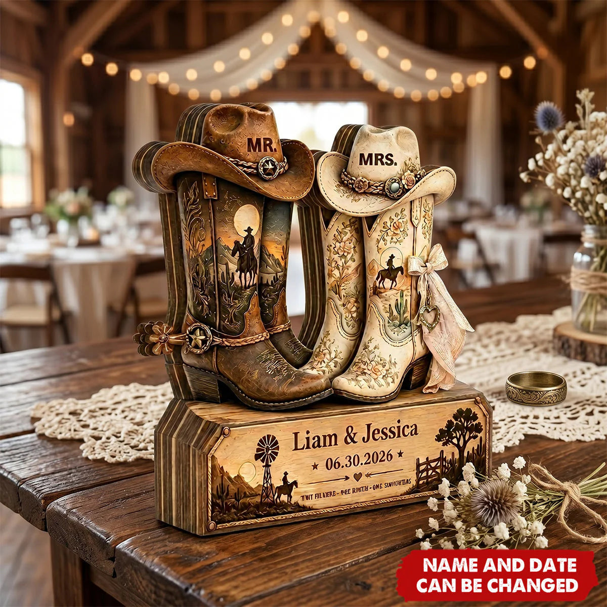 Custom Cowboy Boots Wooden Plaque personalization view for Couples