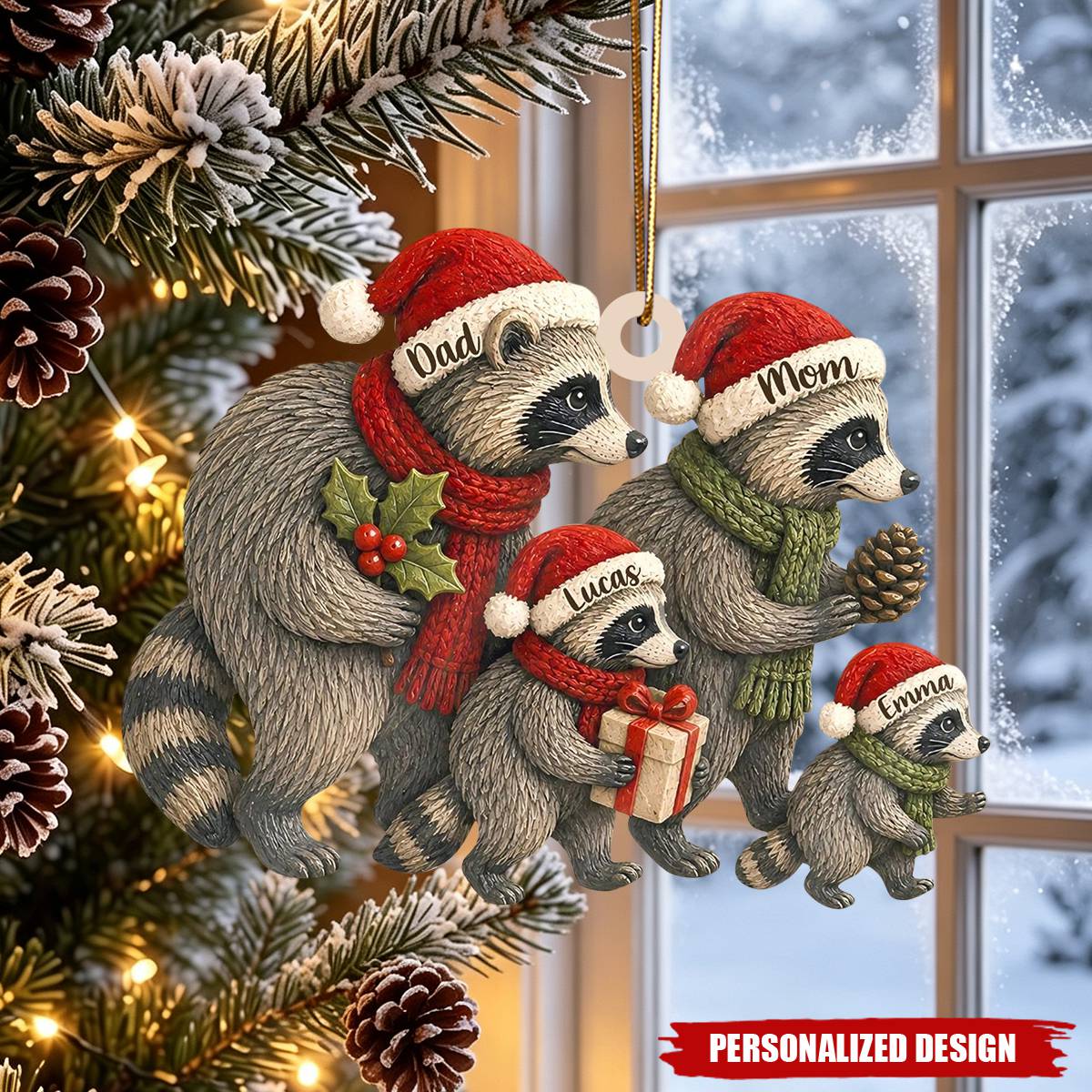 Custom Raccoon Family Christmas Acrylic Ornament - Personalized Family Names Keepsake Gift