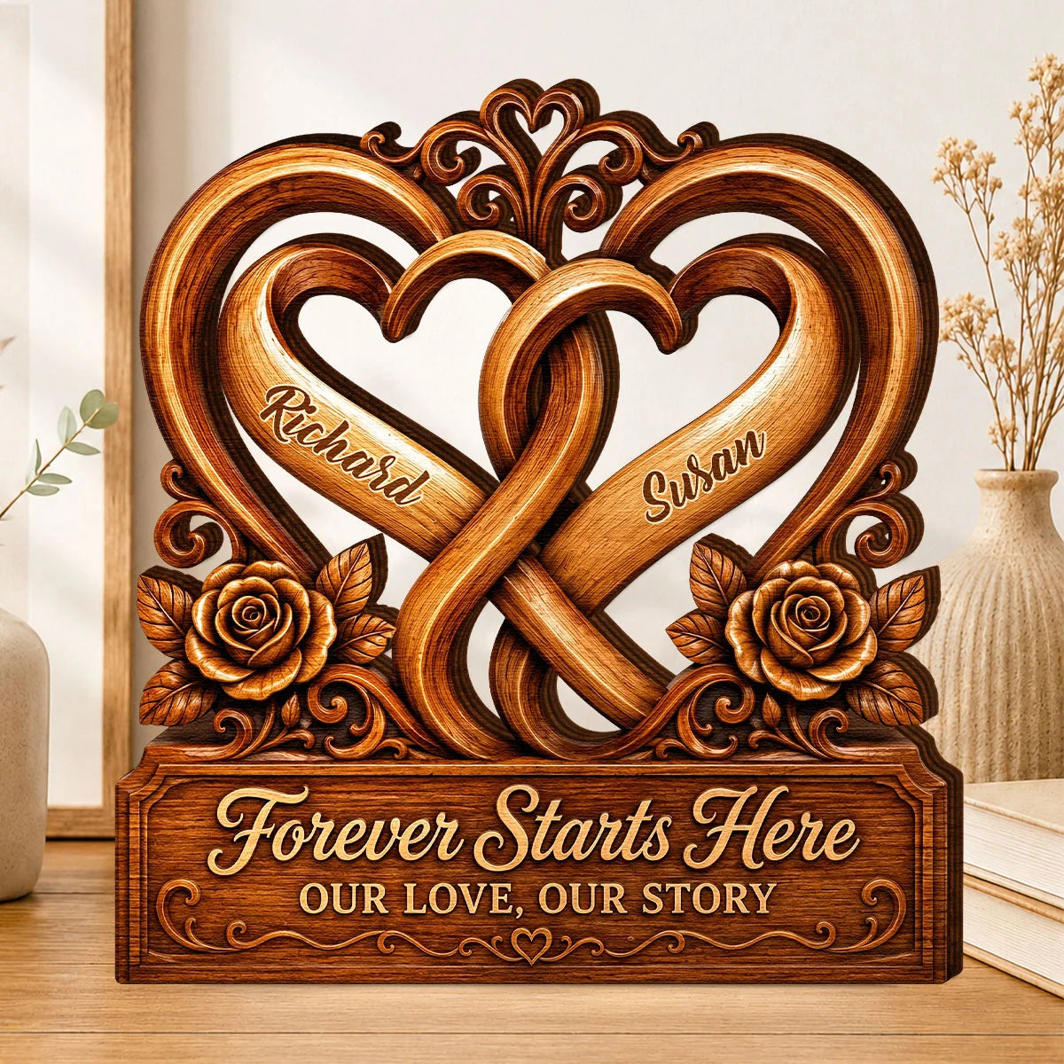 "Forever Starts Here" Personalized Interlocking Hearts Wooden Block - Anniversary Gift for Couples