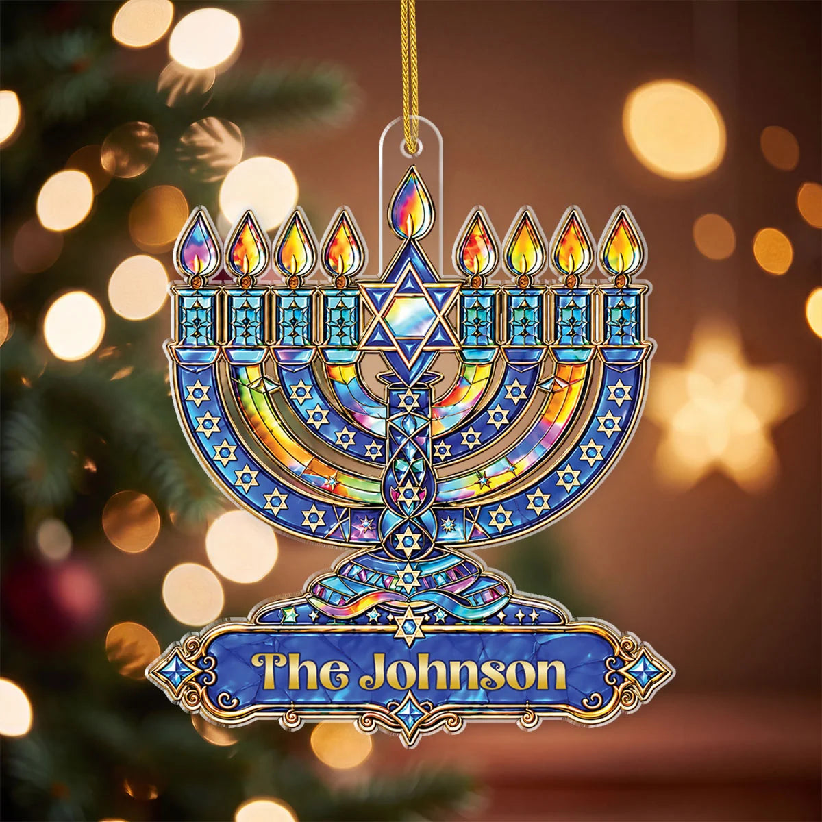 Stained Glass Menorah Ornament Personalized Hanukkah Keepsake - Custom Family Chanukah Gift