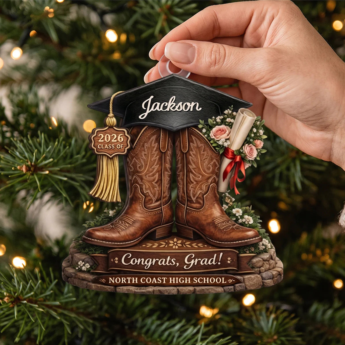 Custom graduation ornament 2026 shaped like cowboy boots with graduation cap and personalized name image 6