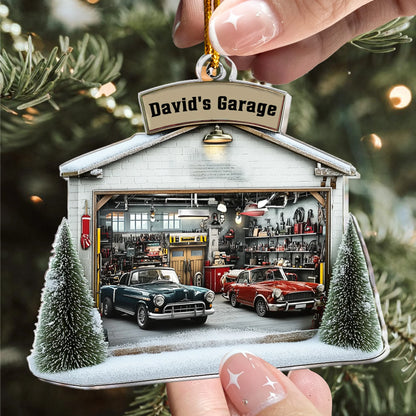 Custom Name Car Garage Acrylic Christmas Tree Ornament – Keepsake Gift for Auto Mechanic