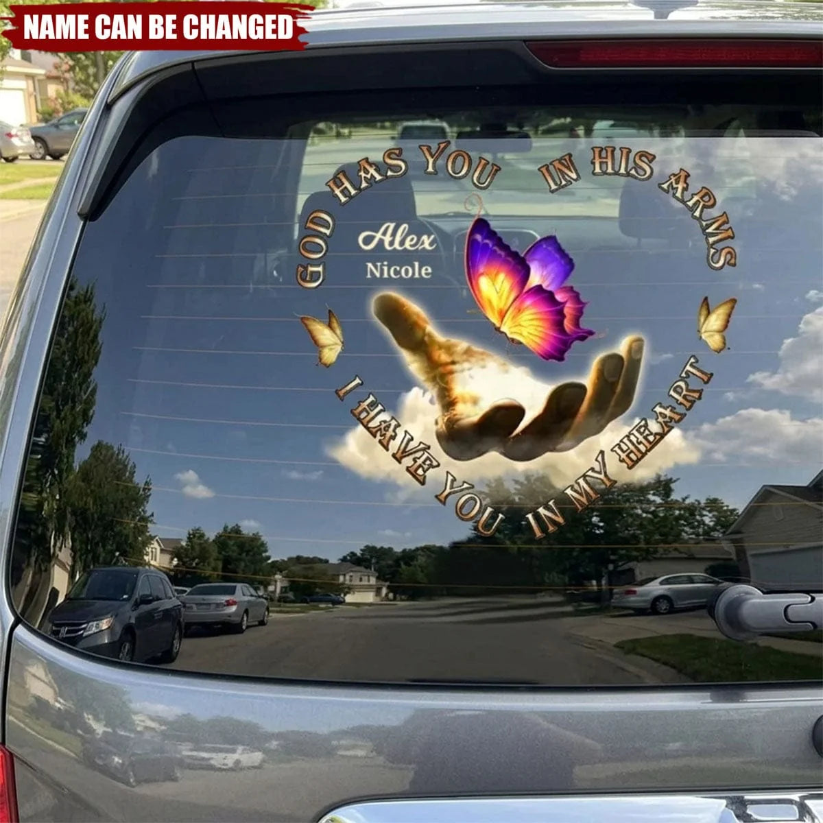 God Has You in His Arms - Personalized Butterfly Memorial Decal for Family Car Window