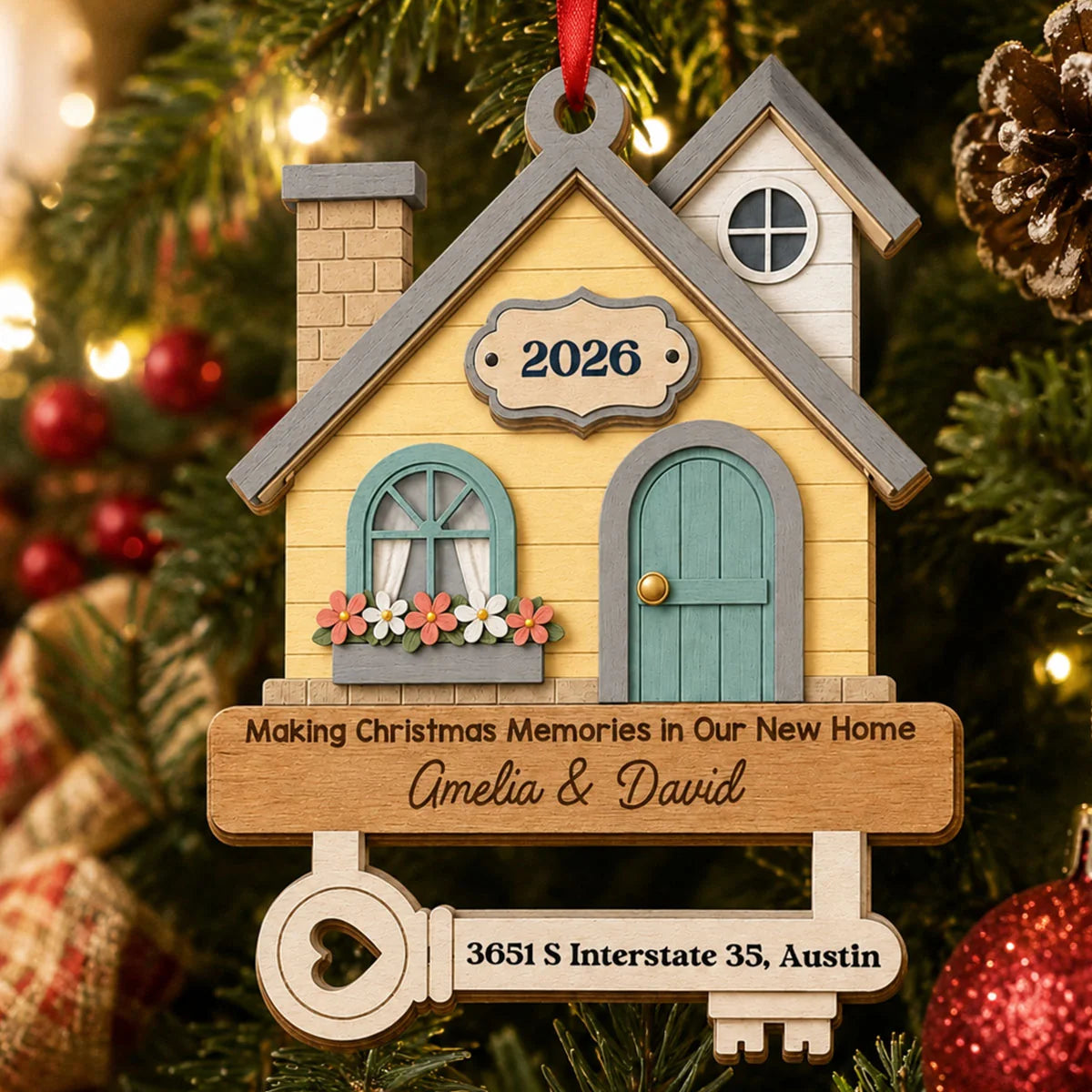 First Christmas In New Home Personalized Wooden Ornament - Custom Housewarming Gift Key Keepsake