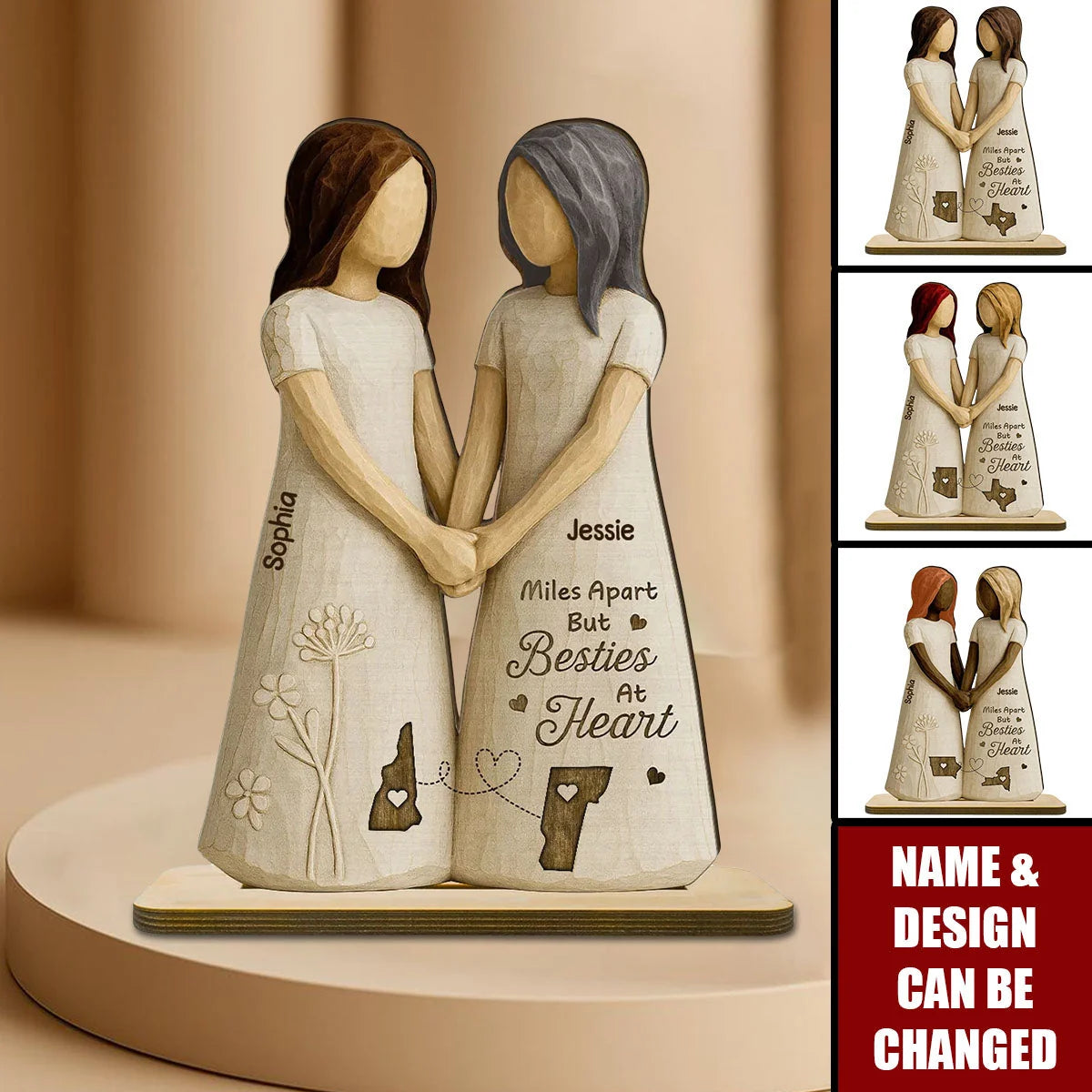 "Miles Apart But Besties At Heart" Personalized Wooden Plaque - Custom Gift for Long Distance Best Friends