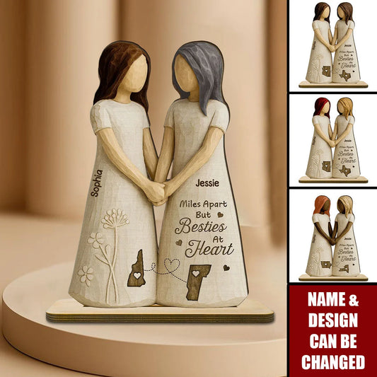"Miles Apart But Besties At Heart" Personalized Wooden Plaque - Custom Gift for Long Distance Best Friends