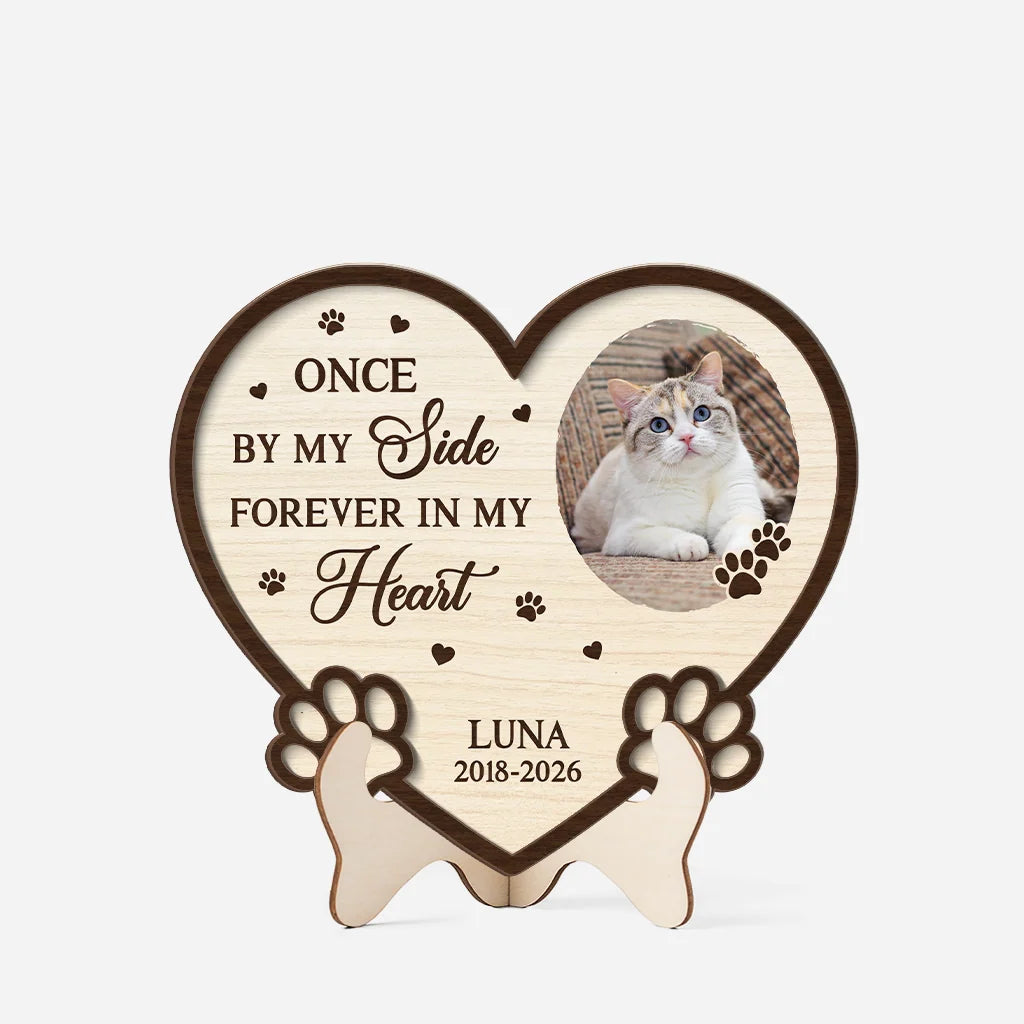 Once By My Side Forever In My Heart Personalized Pet Memorial Wooden Plaque - Custom Dog & Cat Photo Sympathy Gift