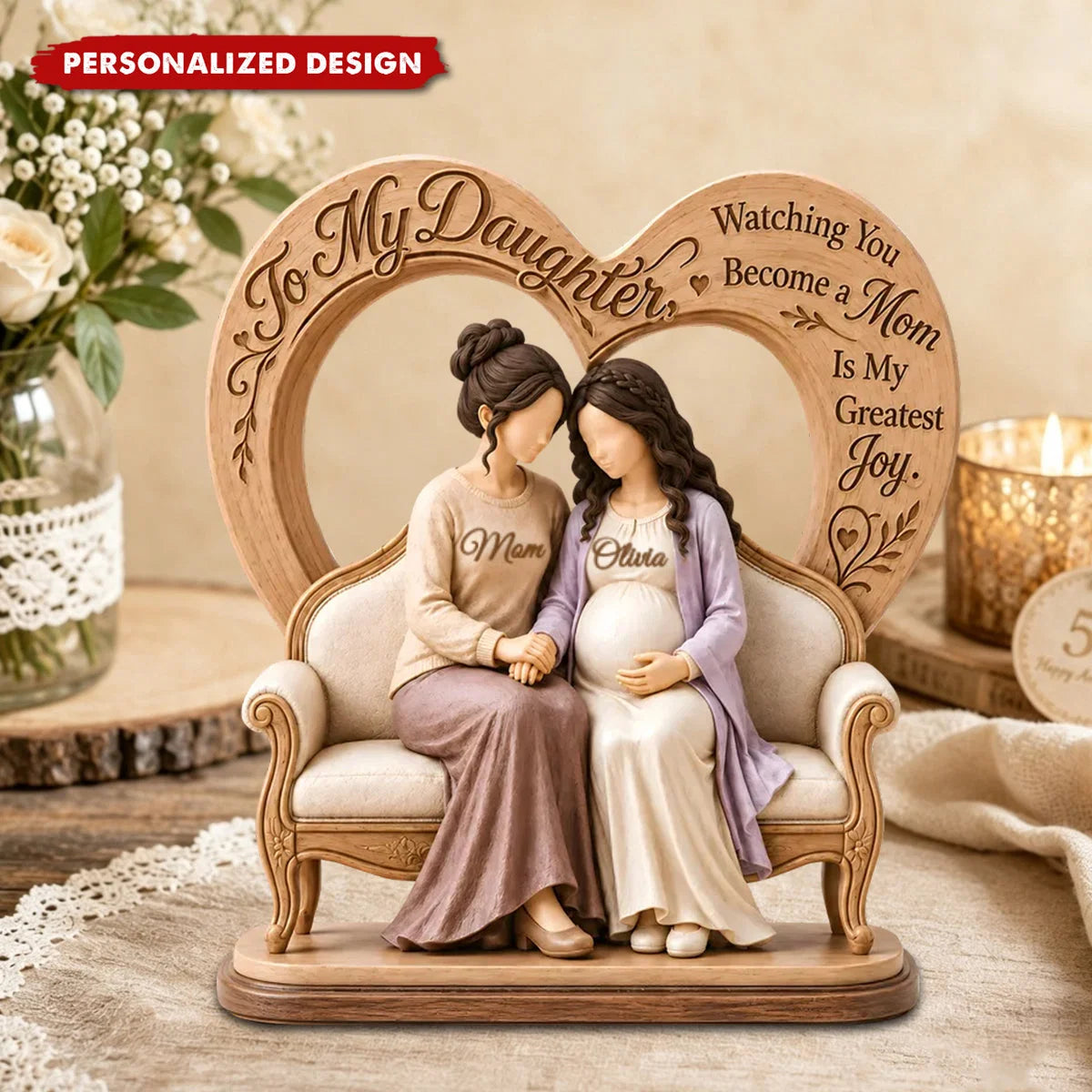"Watching You Become A Mom" Personalized Daughter Wooden Block - Custom Baby Shower & Pregnancy Gift