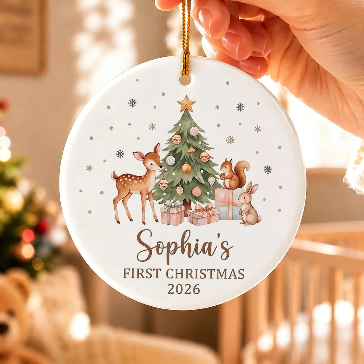 Baby's First Christmas Personalized Ceramic Ornament - Custom Woodland Holiday Keepsake Gift