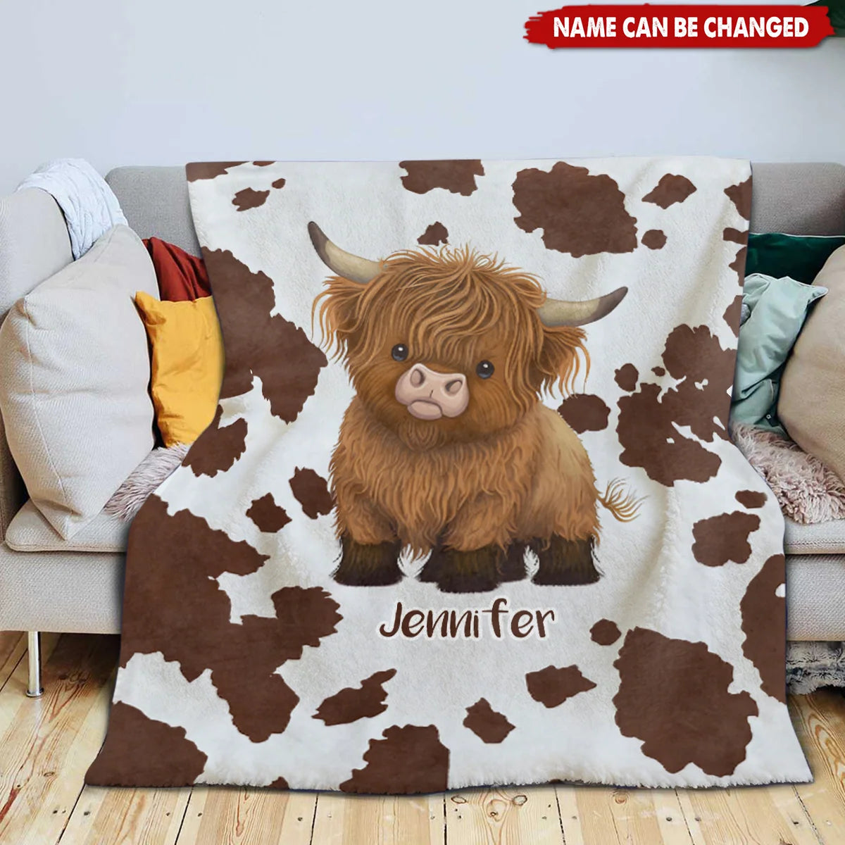 Cute Fluffy Highland Cow Personalized Blanket - Custom Name Cozy Farmhouse Decor Gift for Kids & Adults