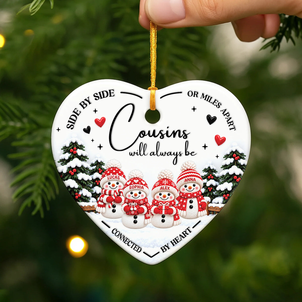 "Side By Side Connected By Heart" Personalized Ceramic Ornament - Christmas Keepsake for Cousins