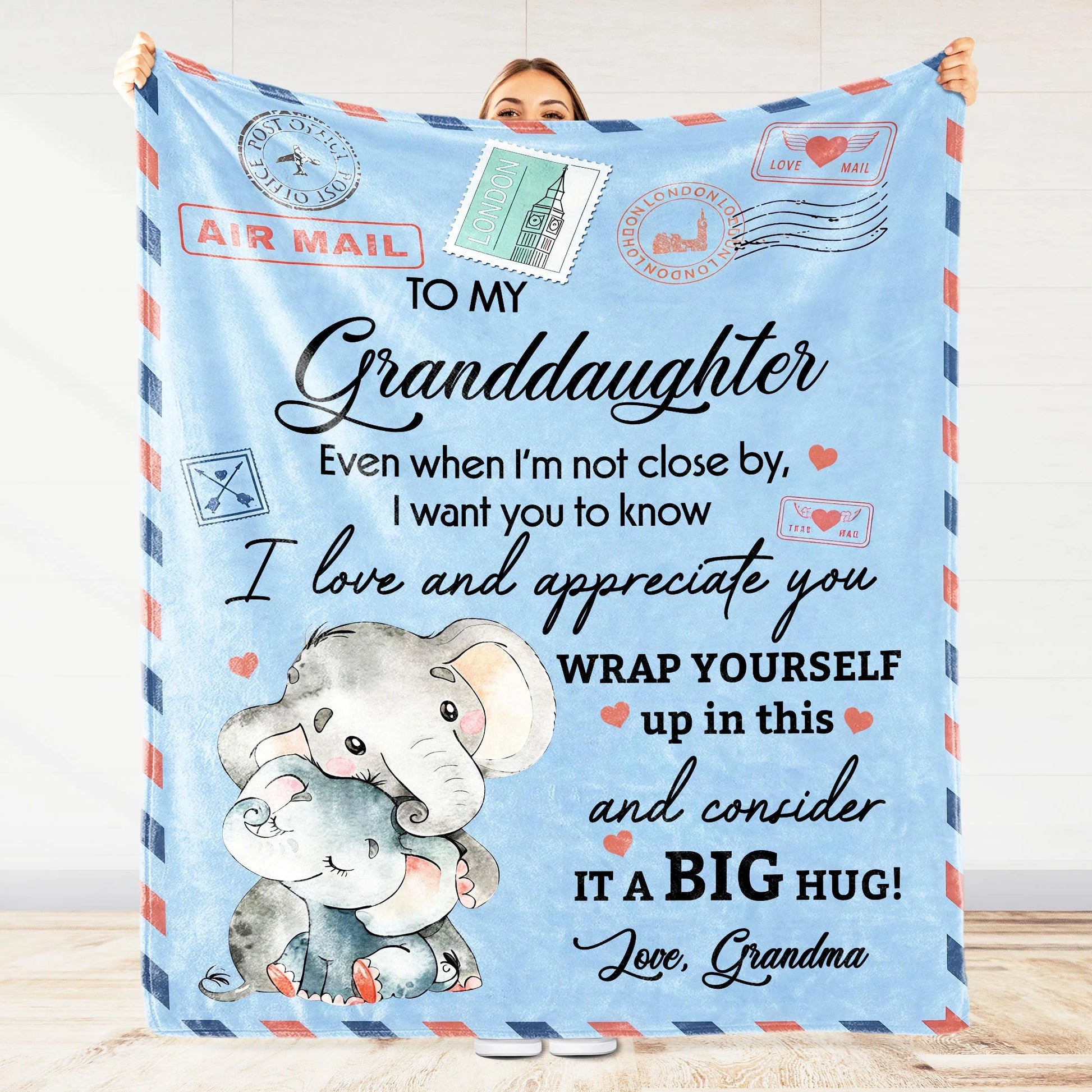 Personalized granddaughter blanket featuring cute hugging elephants airmail print gift from grandma