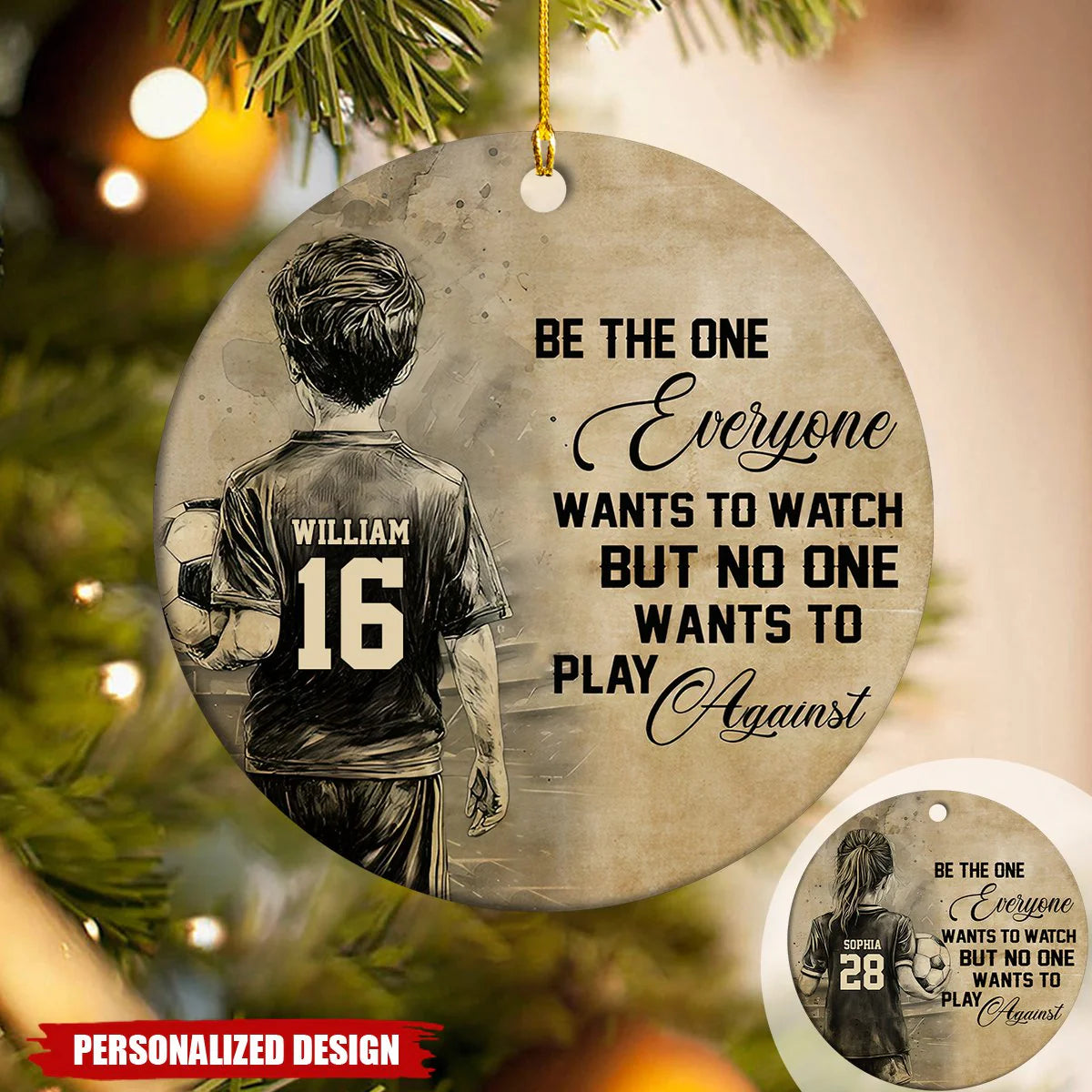 Custom soccer christmas ornament featuring personalized player jersey sketch for youth athlete gift