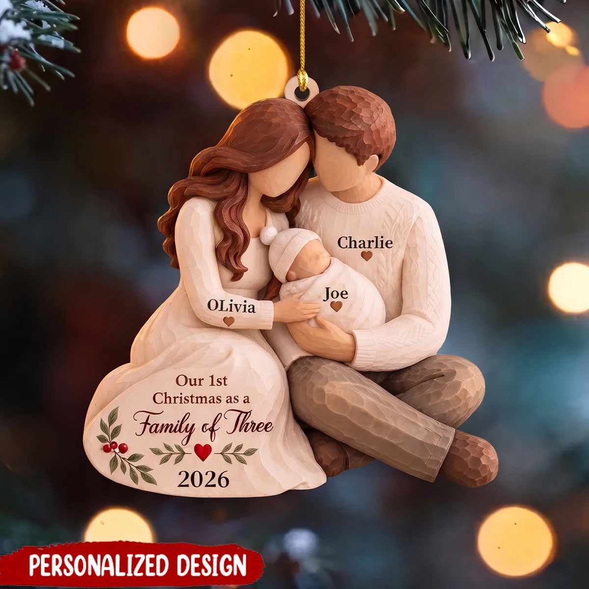 "Our 1st Christmas as a Family of Three" - Personalized Wooden Ornament for New Parents Keepsake Gift