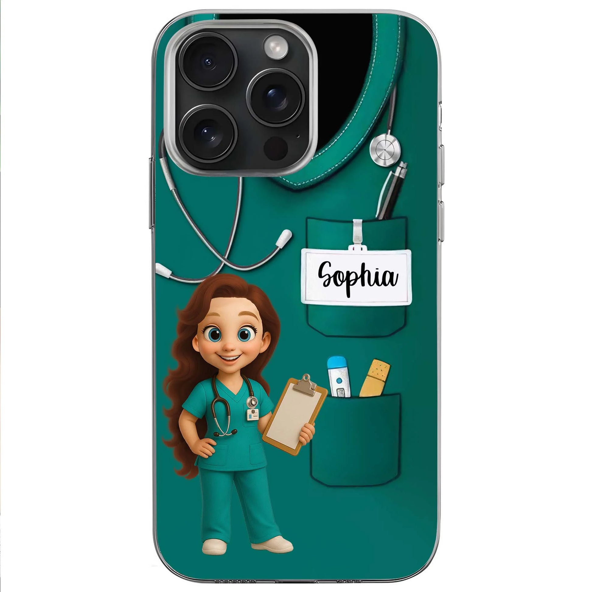Personalized nurse phone case with custom medical uniform, stethoscope design, and custom name printed on clear background image 9