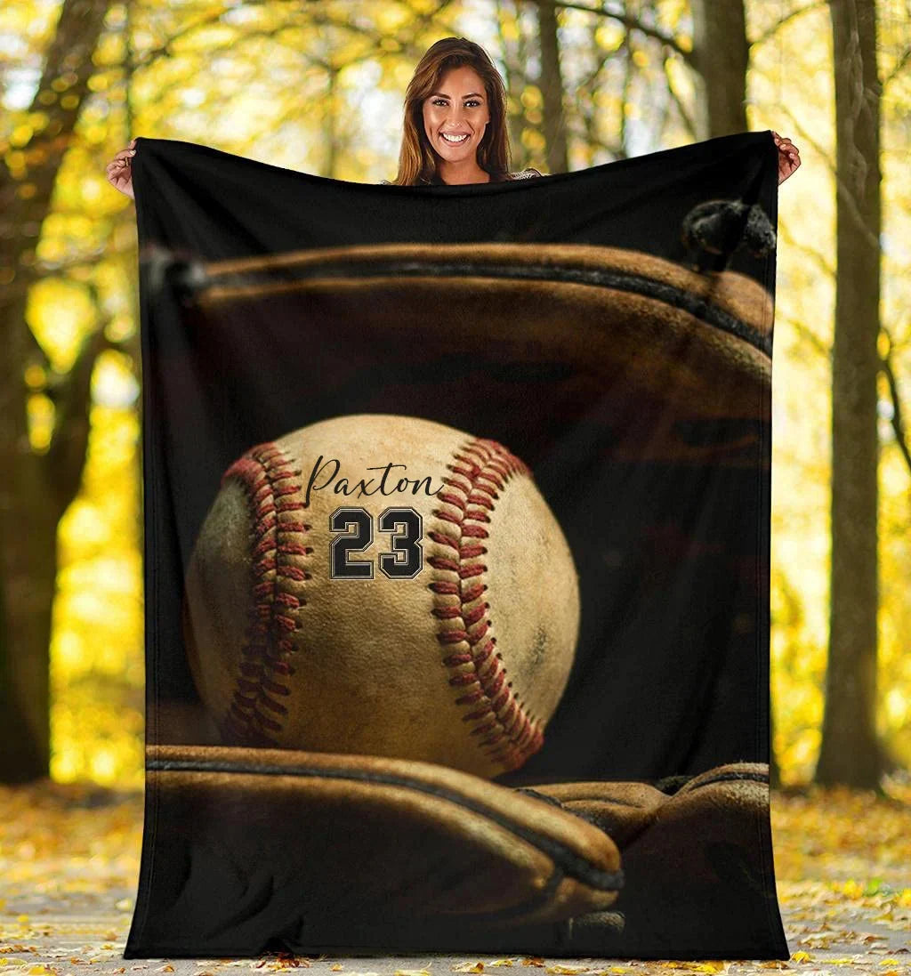 Custom Name & Number Baseball Blanket - Personalized Softball Throw Blanket for Kids