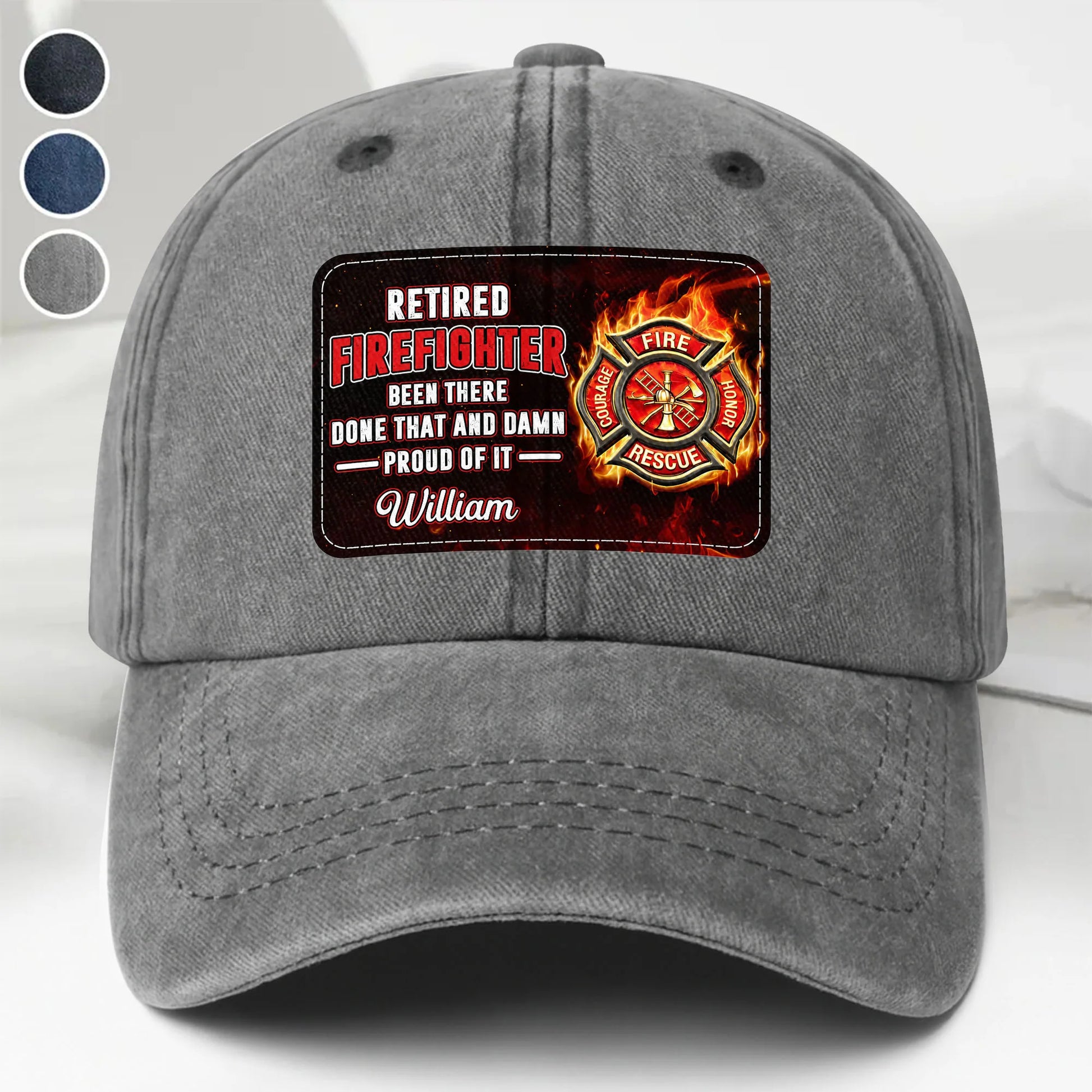 Retired Firefighter Denim Cap for Dad with personalized design details for meaningful gifting