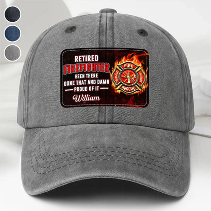 Retired Firefighter Denim Cap for Dad with personalized design details for meaningful gifting