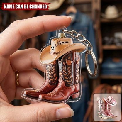 Personalized Western Boot Acrylic Keychain - Custom Cowboy Boots Hat Name Gift