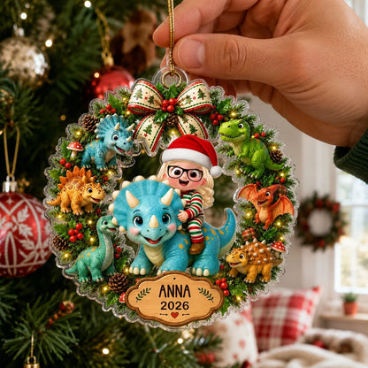 Cute Dinosaur Wreath Personalized Acrylic Ornament - Custom Christmas Keepsake Gift for Kids