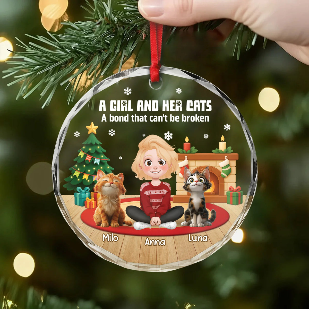 "A Bond That Can't Be Broken" Personalized Cat Christmas Glass Ornament - Custom Gift for Cat Lovers