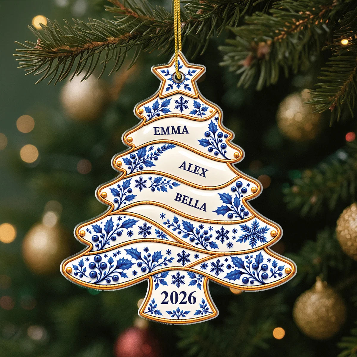 Personalized Family Names Toile De Jouy Christmas Ornament - Custom Acrylic Tree Decoration Keepsake