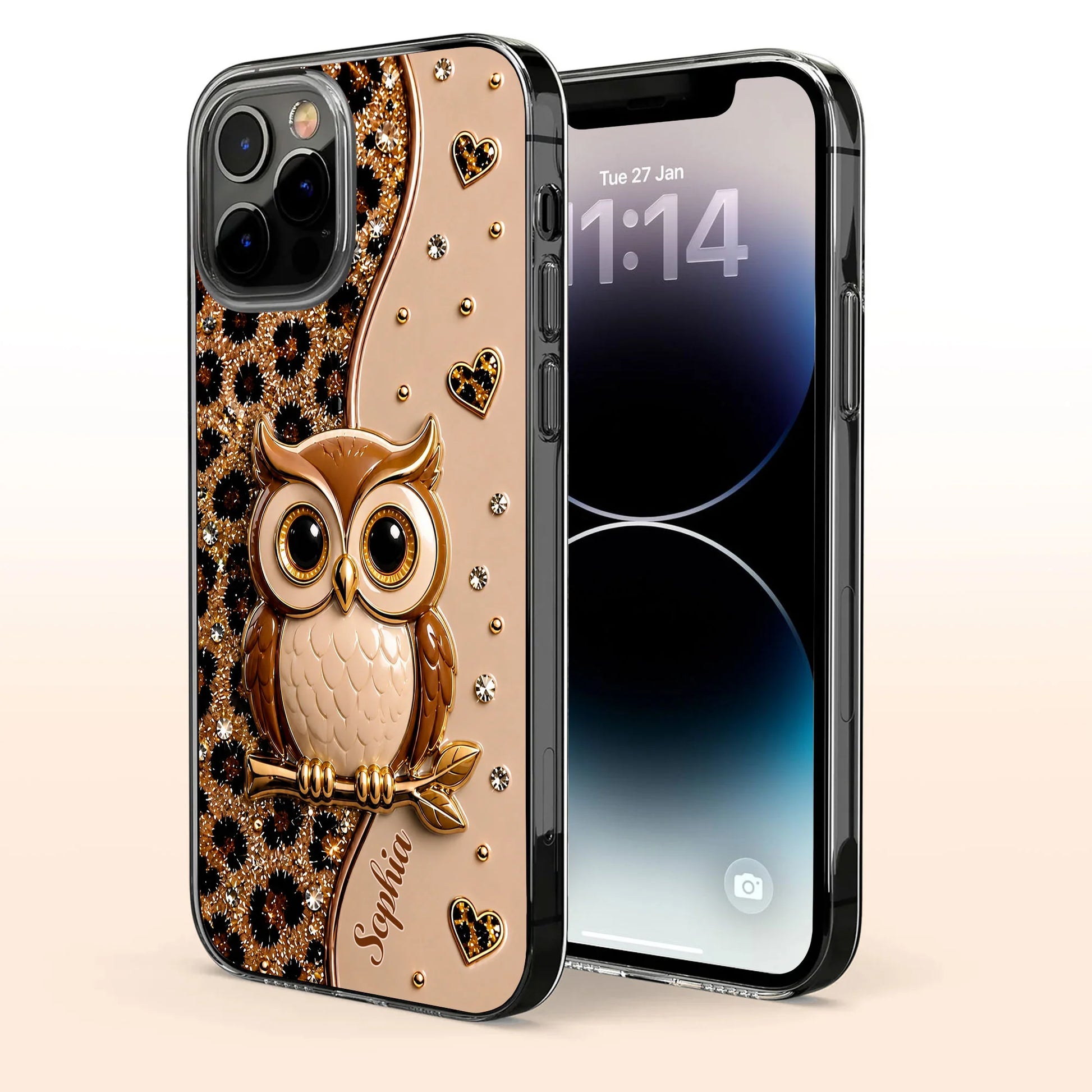 Personalized clear phone case featuring a cute wise owl on a branch with leopard print glitter hearts design image 6