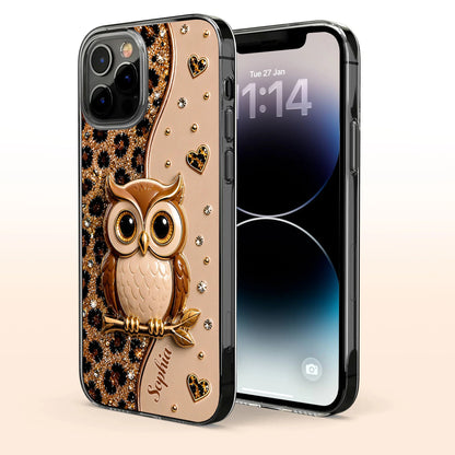 Personalized clear phone case featuring a cute wise owl on a branch with leopard print glitter hearts design image 6
