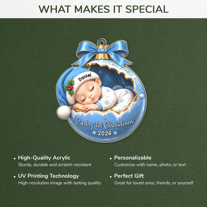 "Baby 1st Christmas" Personalized Sleeping Baby Acrylic Ornament - Custom Newborn Keepsake