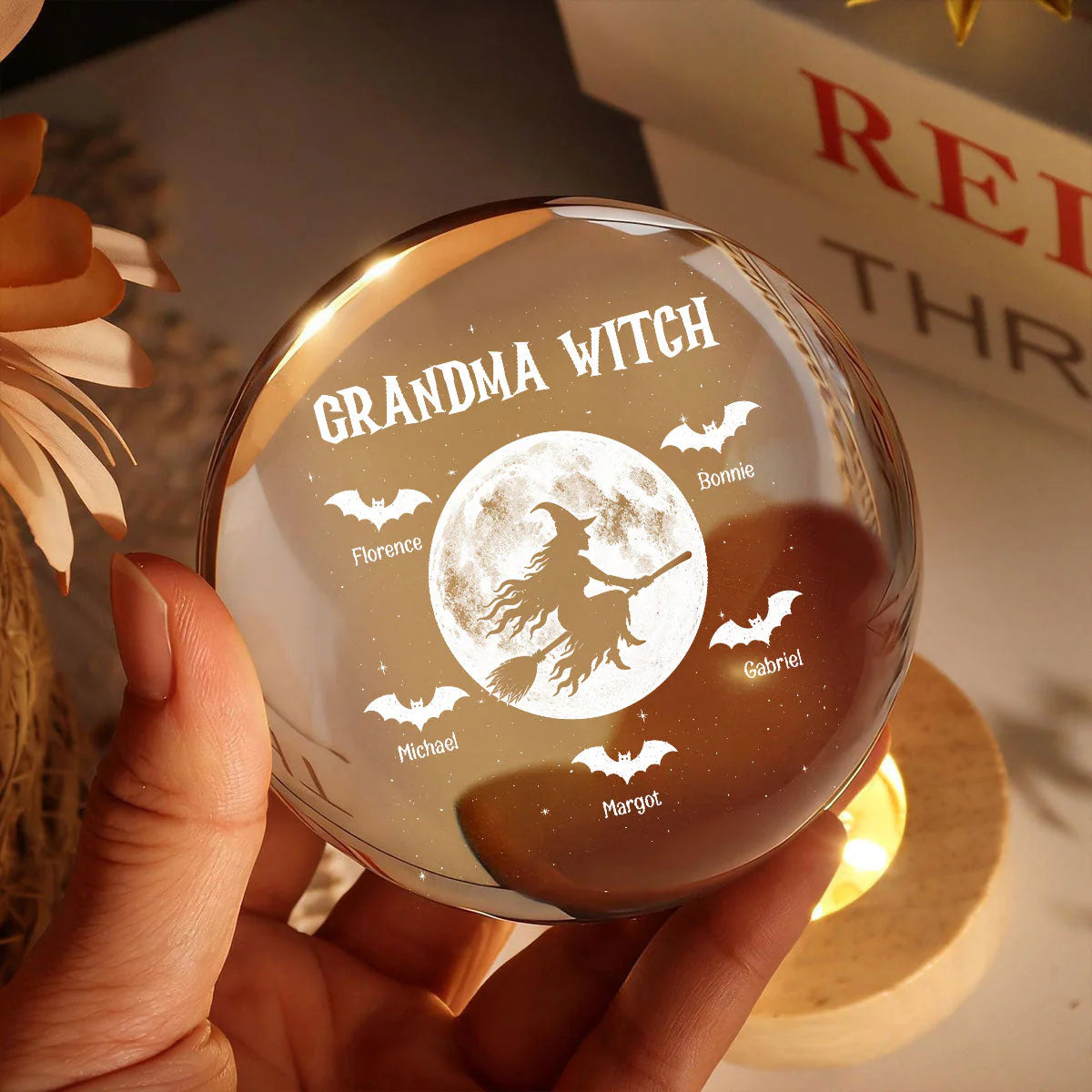 Custom grandma witch night light crystal ball on a wooden base showing a witch flying across a full moon image 6