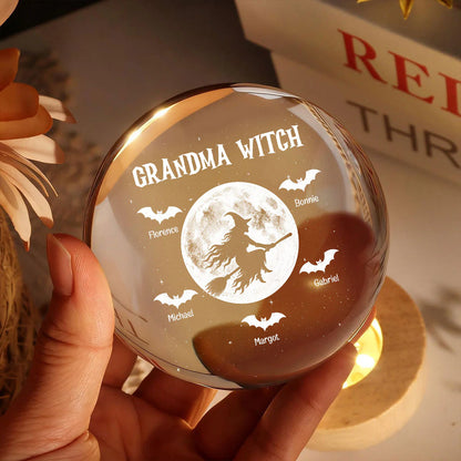 Custom grandma witch night light crystal ball on a wooden base showing a witch flying across a full moon image 6