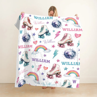 Personalized Roller Skate Blanket - Retro Disco Rainbow Custom Name Throw for Kids