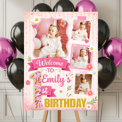 Personalized birthday welcome sign canvas with custom names and photo prints for kids first birthday party decor