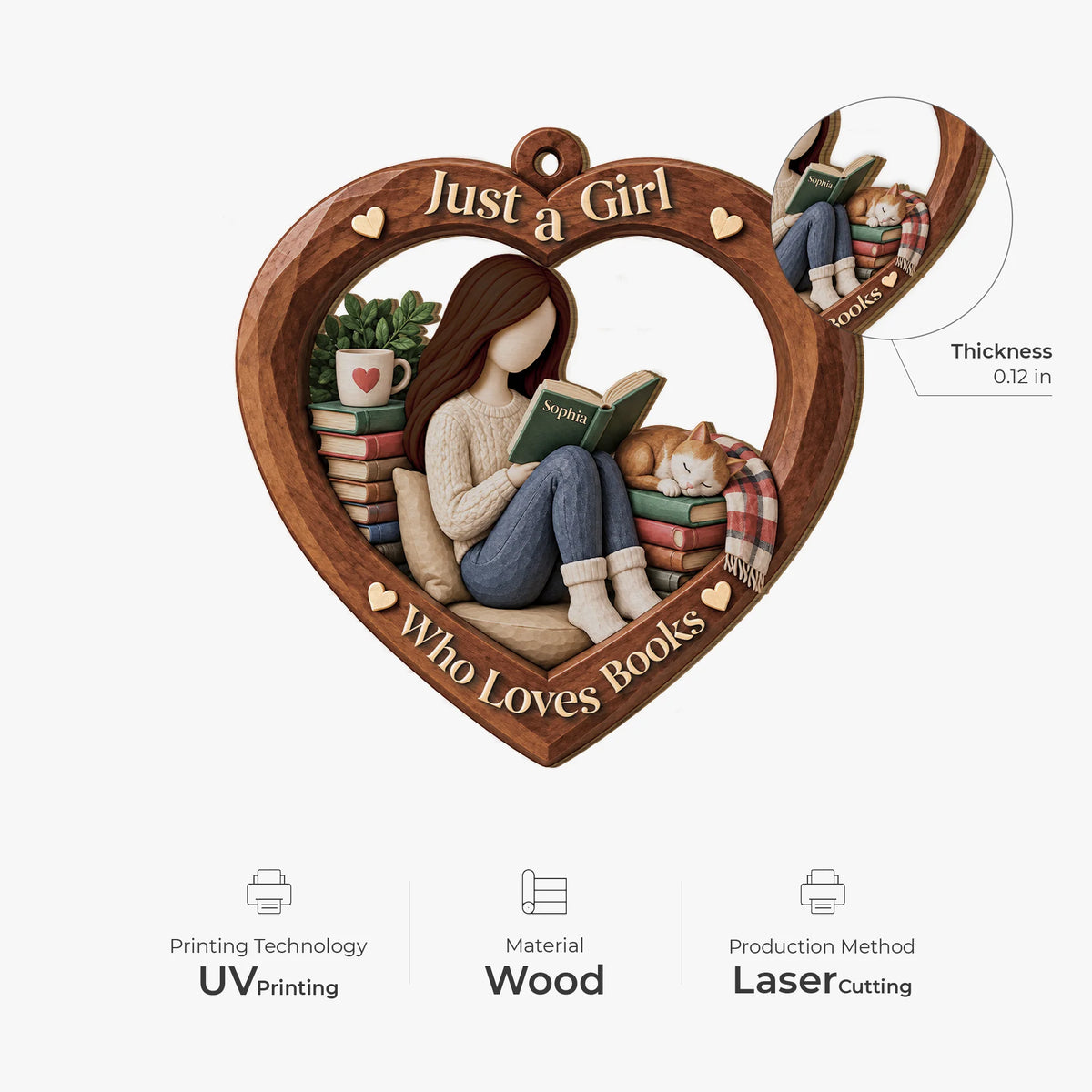 Just A Girl Who Loves Books Personalized Wooden Ornament - Custom Christmas Keepsake Gift for Book Lovers