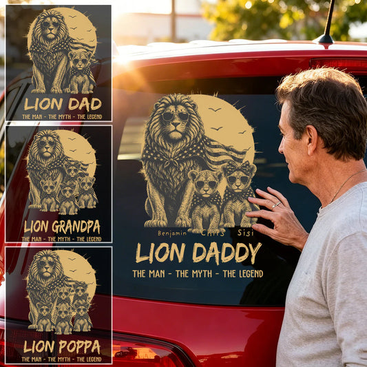 Custom dad car decal with lion graphic and the man the myth the legend quote for vehicle windows