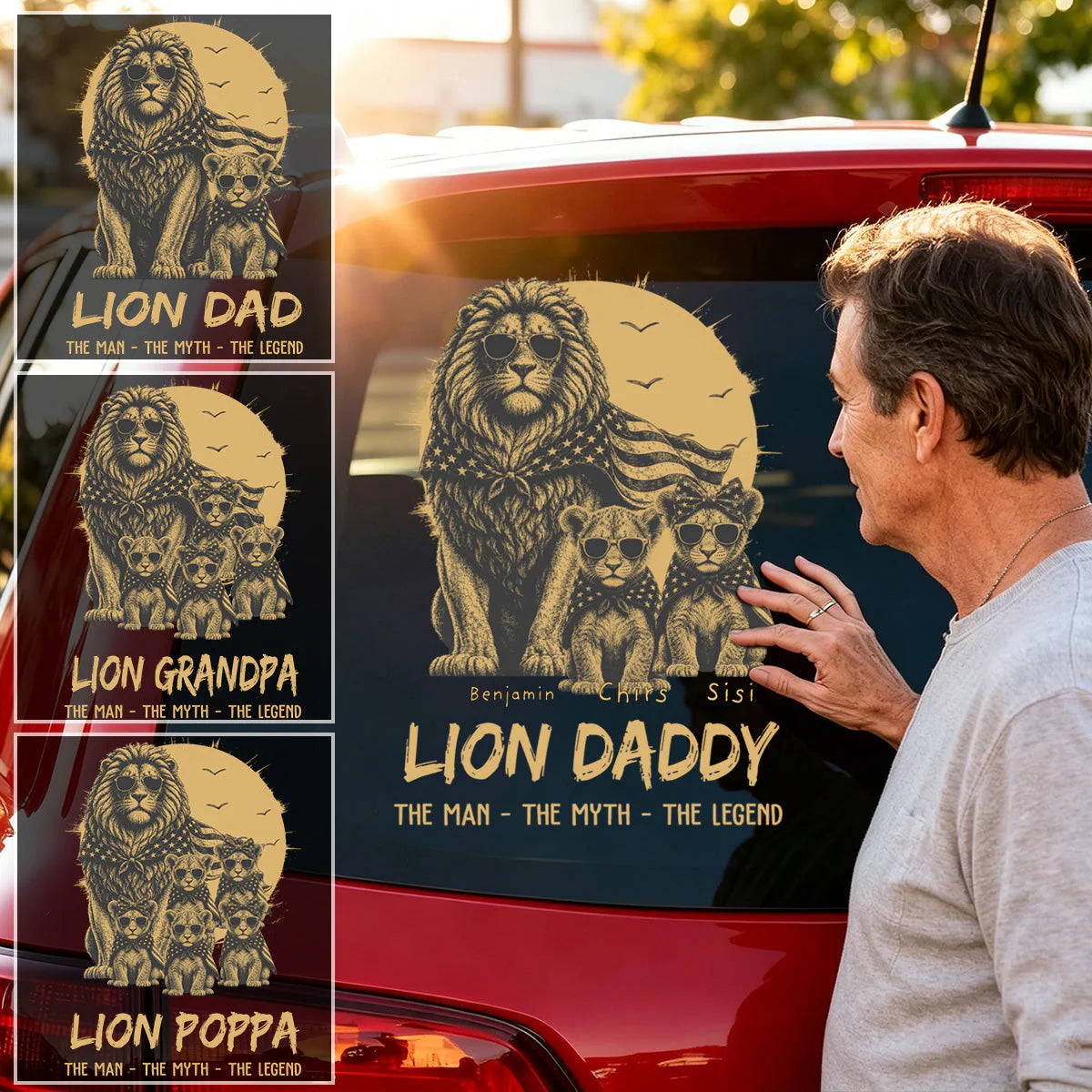 Custom dad car decal with lion graphic and the man the myth the legend quote for vehicle windows