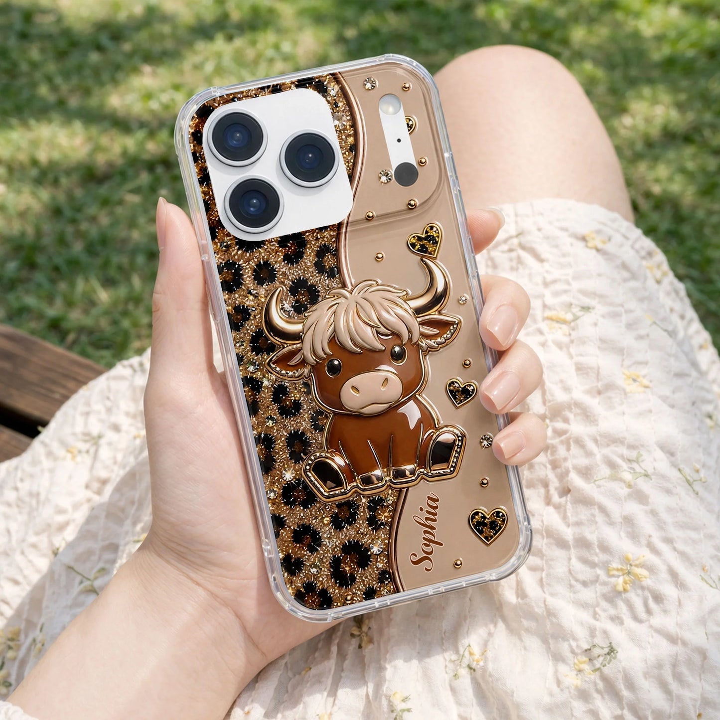 Highland cow personalized clear phone case with glitter leopard hearts for women image 10
