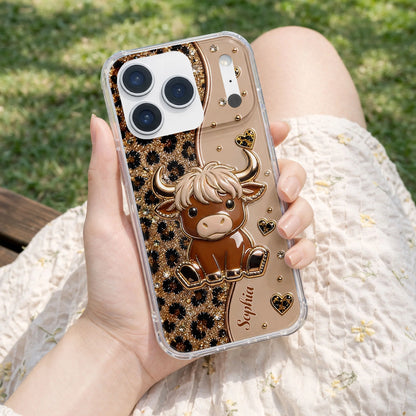 Highland cow personalized clear phone case with glitter leopard hearts for women image 10