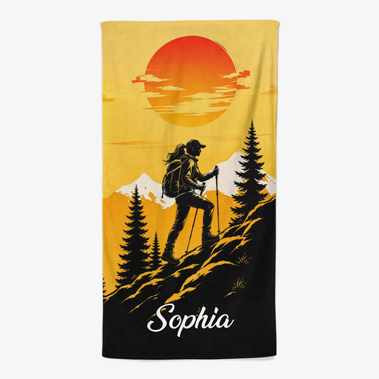 Personalized hiking beach towel featuring custom name and mountain silhouette graphic - unique gift for outdoor lovers