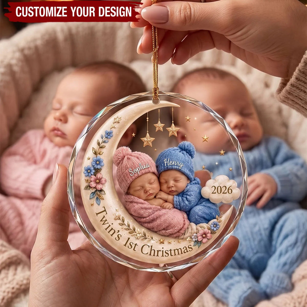Twin's 1st Christmas Personalized Glass Ornament - Custom Twin Babies Holiday Keepsake